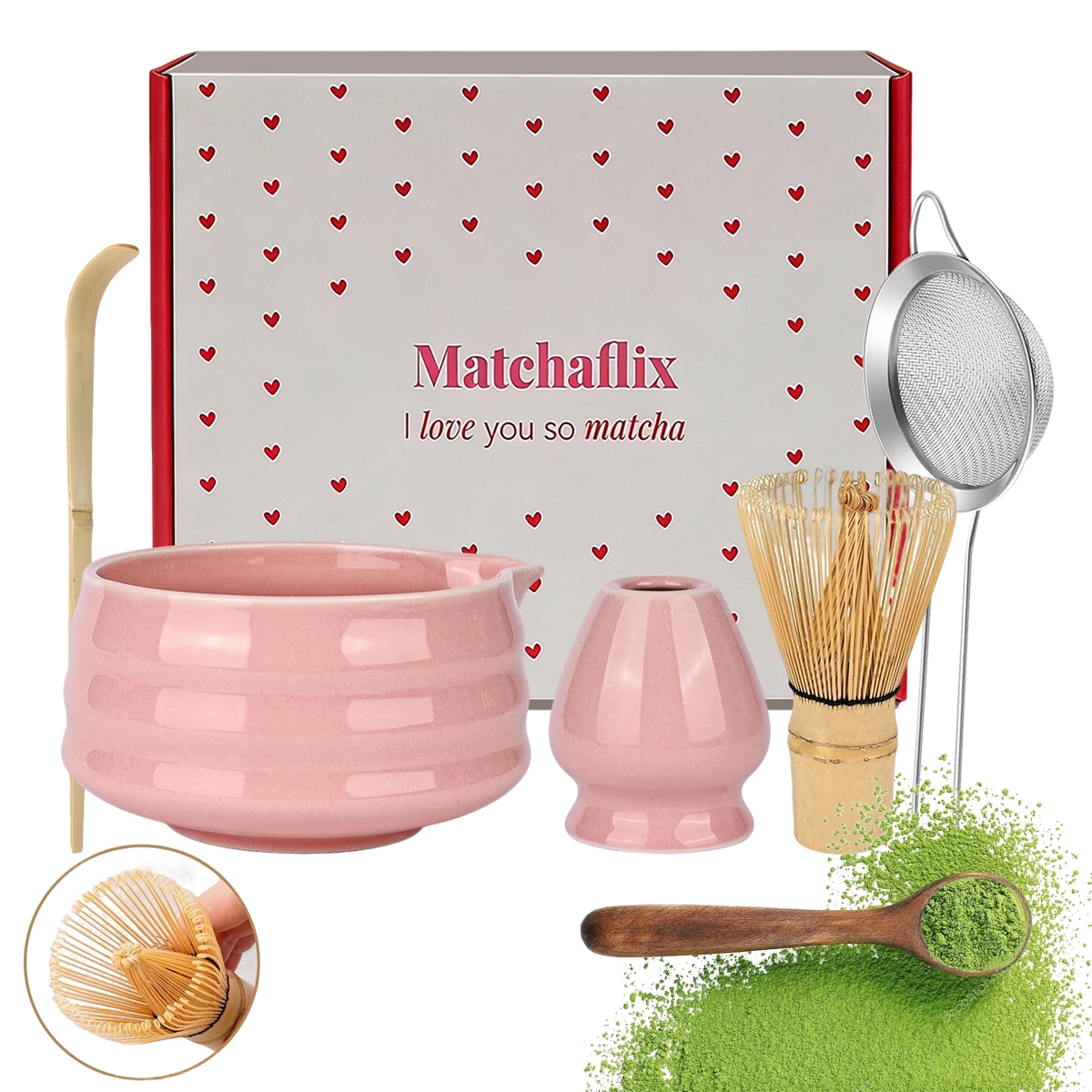 Levně Růžový čajový set matcha 5ks šlehací metla, lžíce, miska, podstavec, sítko