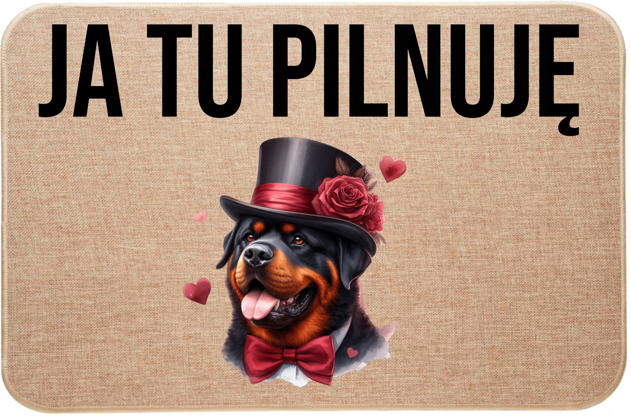 Lněná rohožka před dveřmi Já tady hlídám Rottweiler Valentýn Srdce