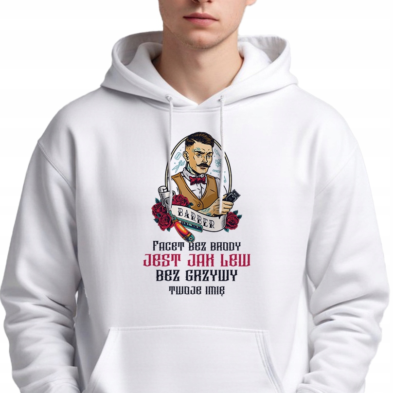 Pánská Mikina Bílá S Kapucí Chlap Bez Vousů Jako Lev *jméno* Pro Barbera M