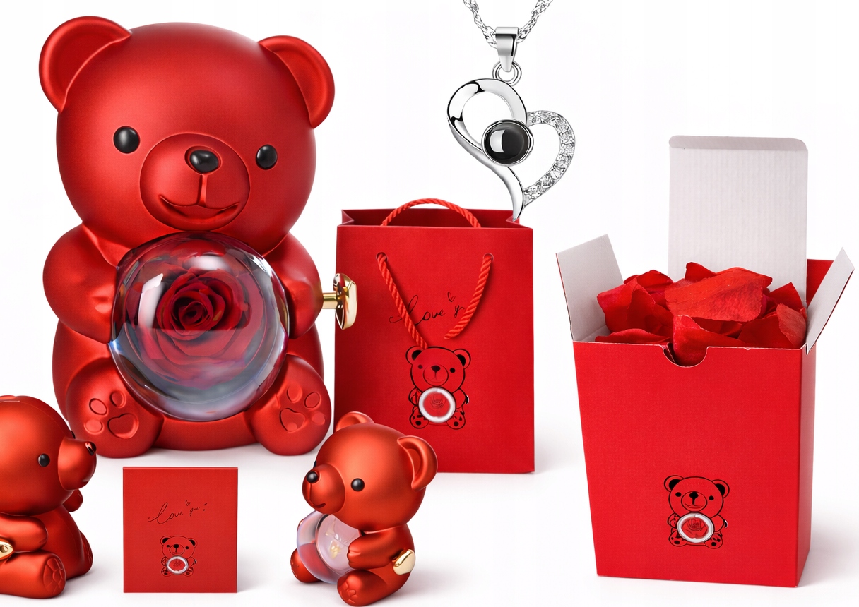 Medvídek s růží a náhrdelníkem Dárek ke Dni žen Sada Okvětní Lístky Růží