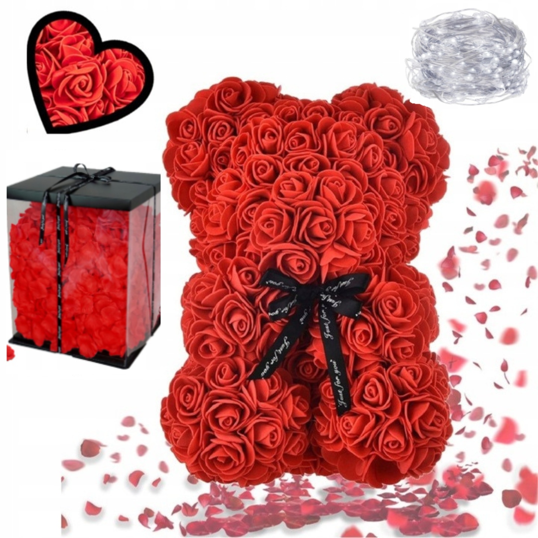 Valentýnský Medvídek Z Růží Premium Dárek Pro Manželku 25 CM Výplň Led Vločky
