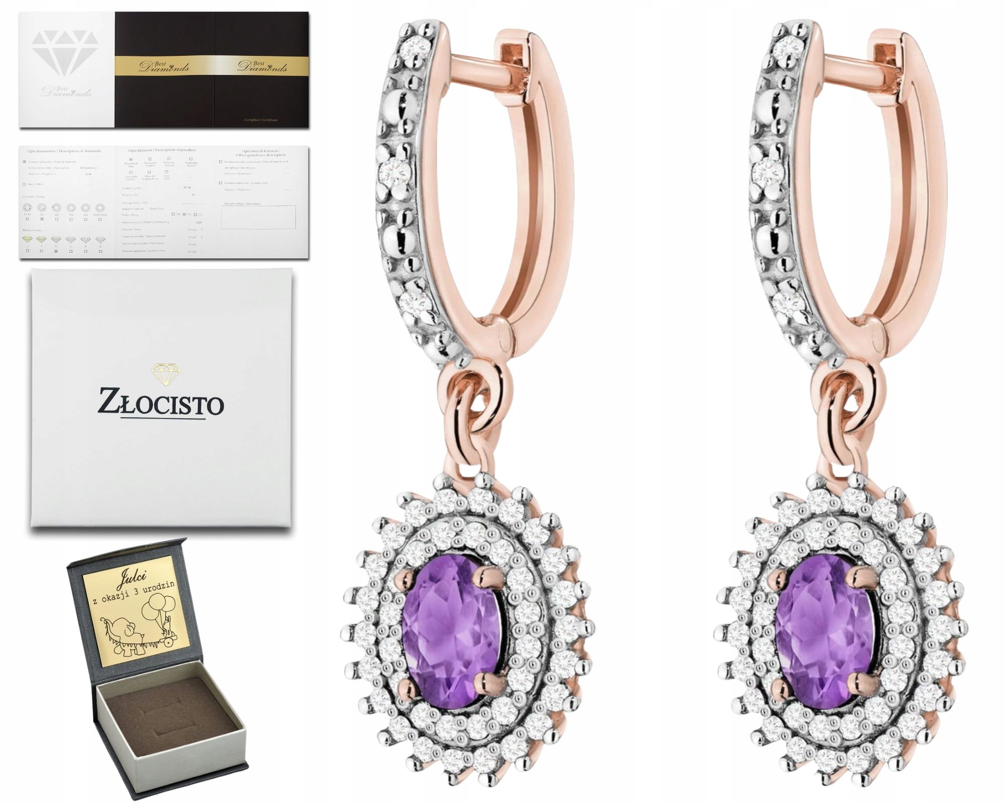 Růžové Zlato Náušnice S Ametystem A Brilianty, Závěsné Anglické Zapínání