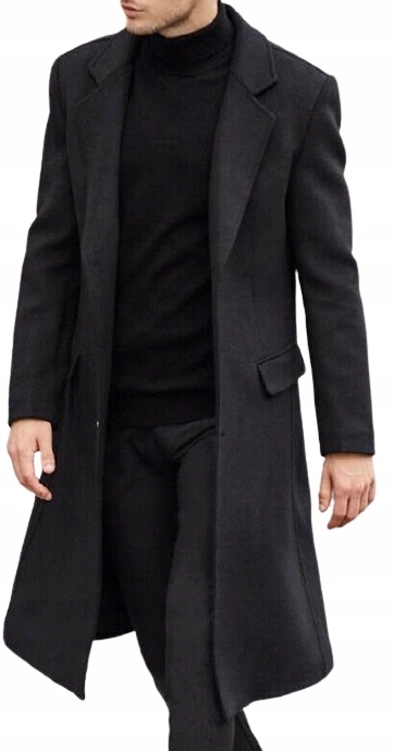 CZARNY DŁUGI STYLOWY MODNY MĘSKI PŁASZCZ TRENCZ