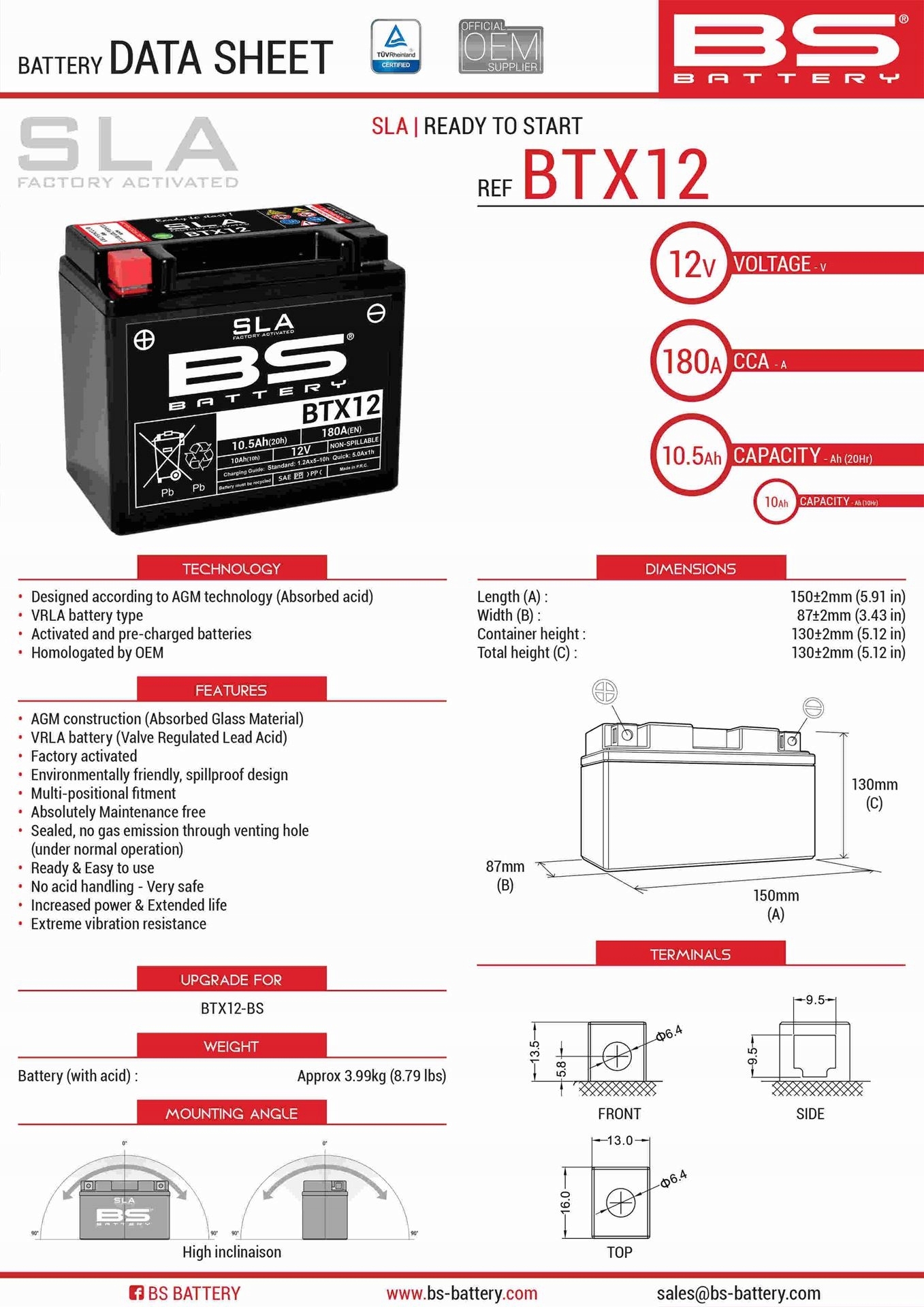 Bs Batéria BTX12 (fa) (YTX12-BS) 12V 10AH 152X88X131 Bezúdržbový Zala