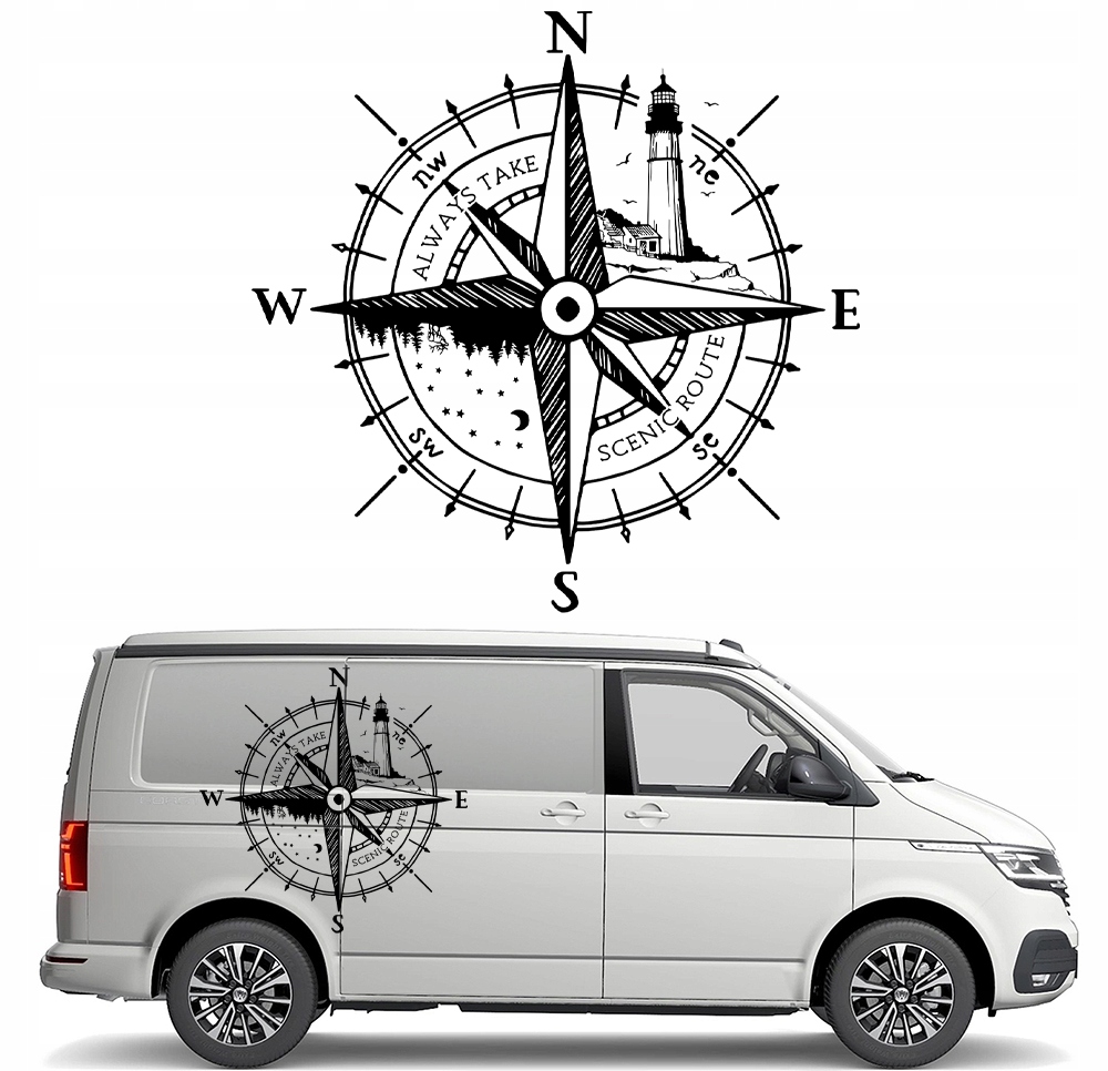 Samolepka Grafika na karavan Kompas Růže Větrů Lucerna Les 93x94