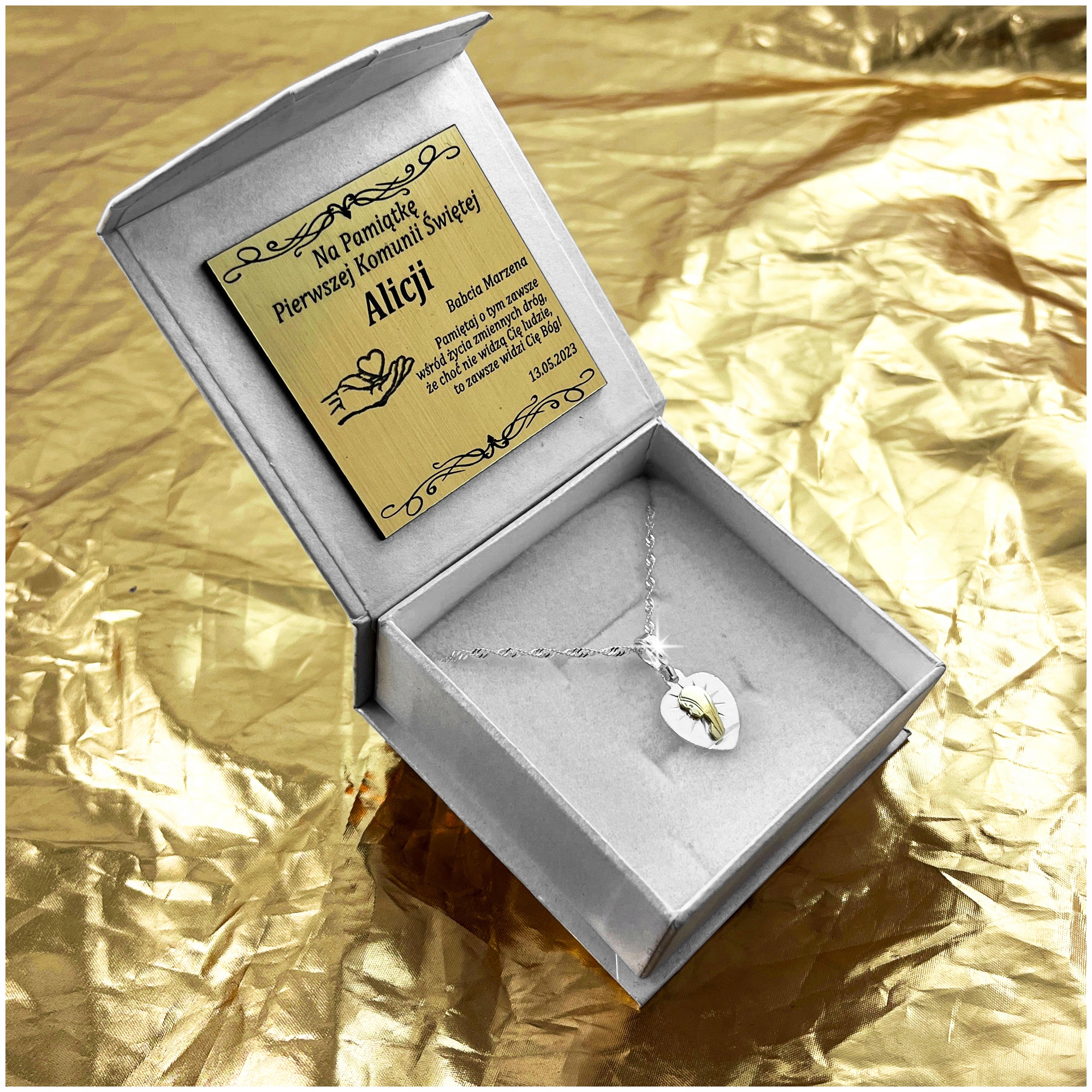 SREBRNY NASZYJNIK KOMUNIJNY ŁAŃCUSZEK MEDALIK PR. 925 NA PREZENT + GRAWER Kolor srebrny