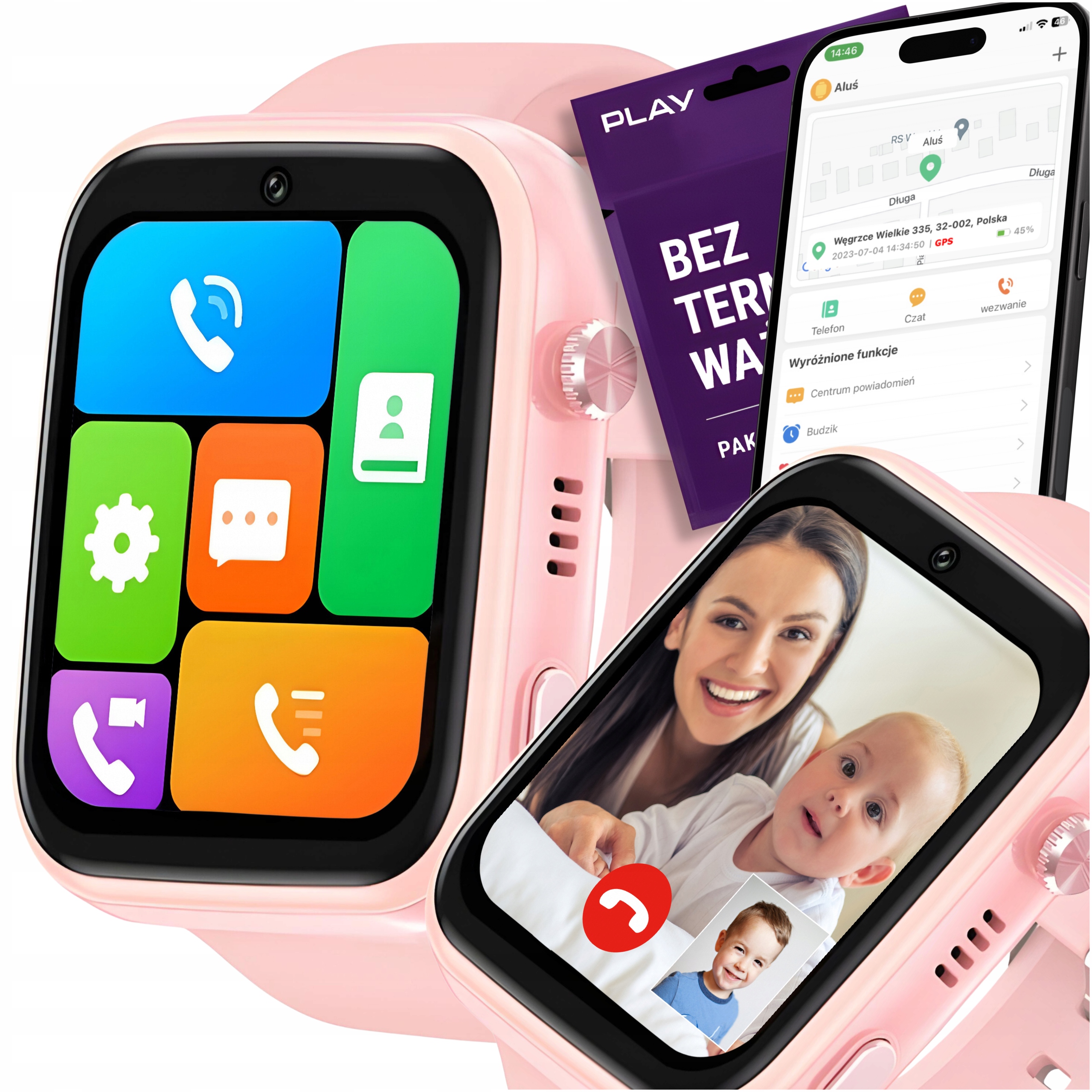 SMARTWATCH DLA DZIECI ZEGAREK SIM GPS POLSKI RÓŻOWY TELEFON APARAT GRY 4G