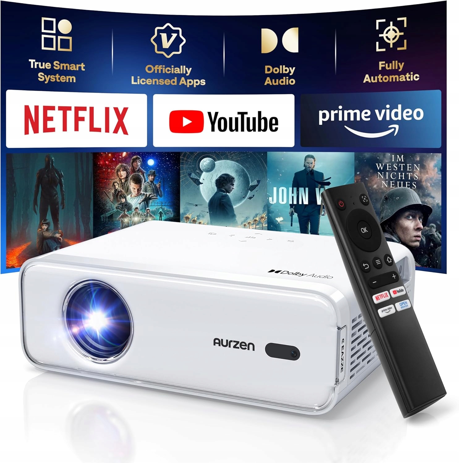 Inteligentny Projektor 4K Autofokus Korekcja Trapezu Wifi Bluetooth Netflix