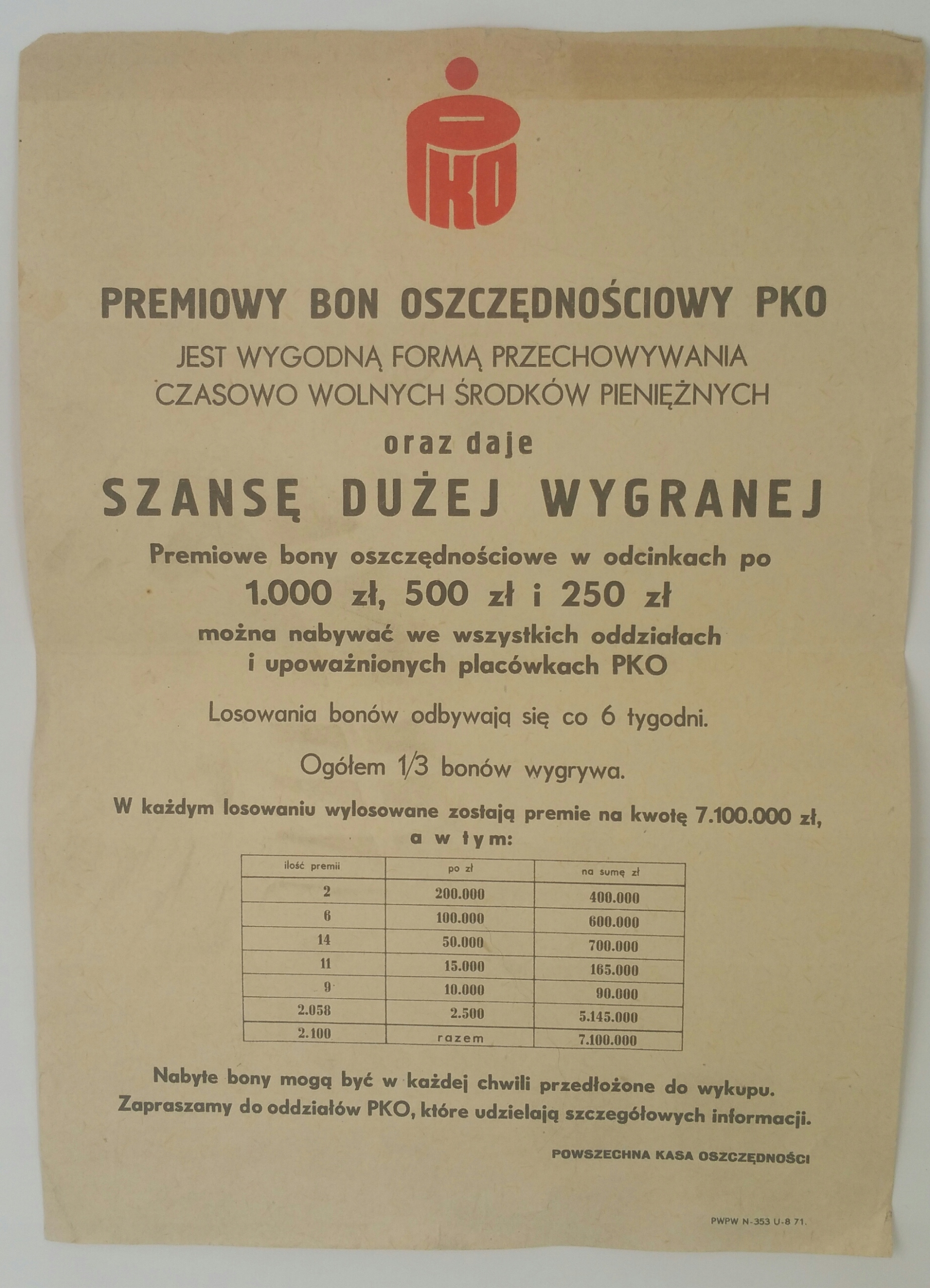 Premiowy Bon Oszczędnościowy PKO REKLAMA 1971