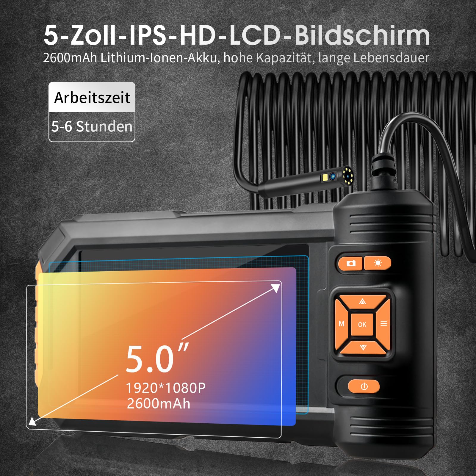 DPDUCT Kamera Inspekcyjna 10M Dualna 5 Calowy Ekran 1080P IP67 32GB LED — miniatura 2