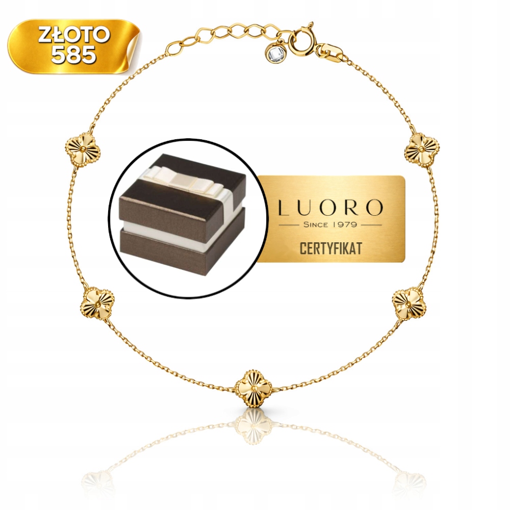 Zlatý Náramek 585 14K Čtyřlístek Diamantový 17 CM Nastavitelný