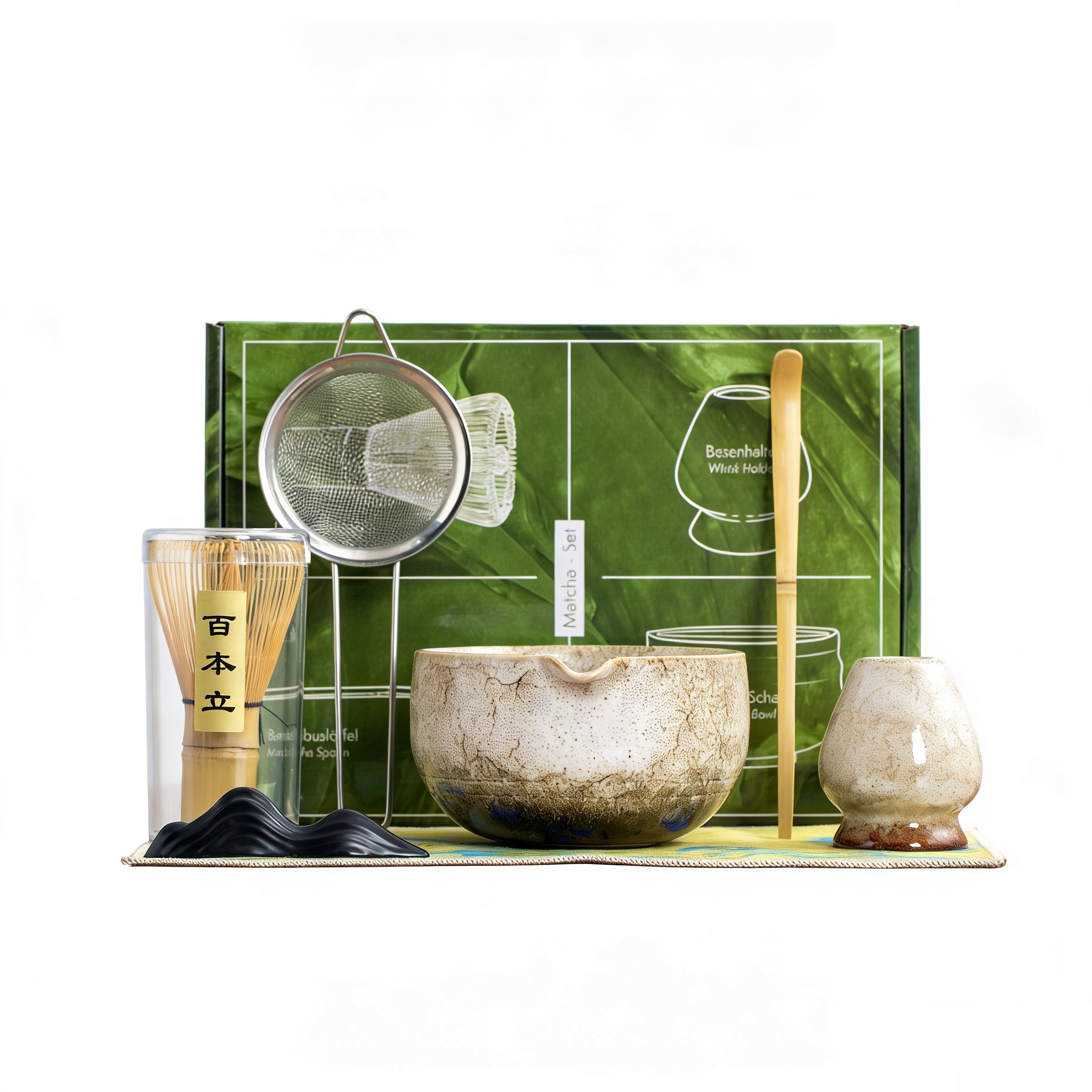 Bambusová Sada Na Matcha Čaj – Chashaku, Podložka A Další – 7 Ks, Bílá Gradient