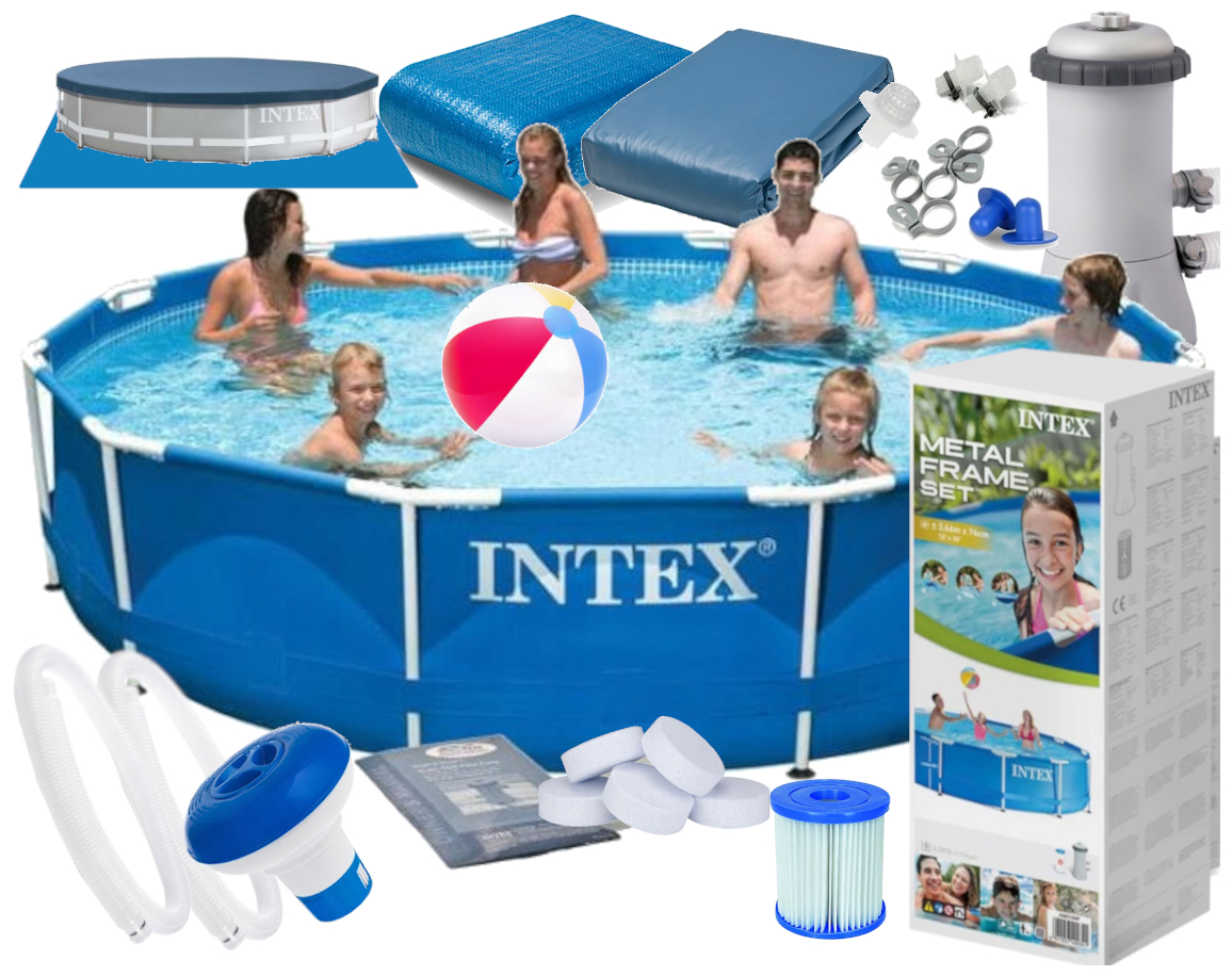 Basen Stelażowy 366X76 Intex Ogrodowy, Pompa, Pokrywa Plandeka Chlor Zestaw