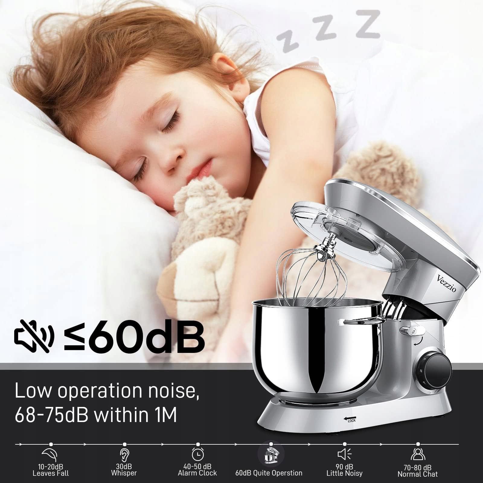 VEZZIO Robot Kuchenny 1500W Cichy 10 Prędkości 8.5L Misa Stalowa — miniatura 6