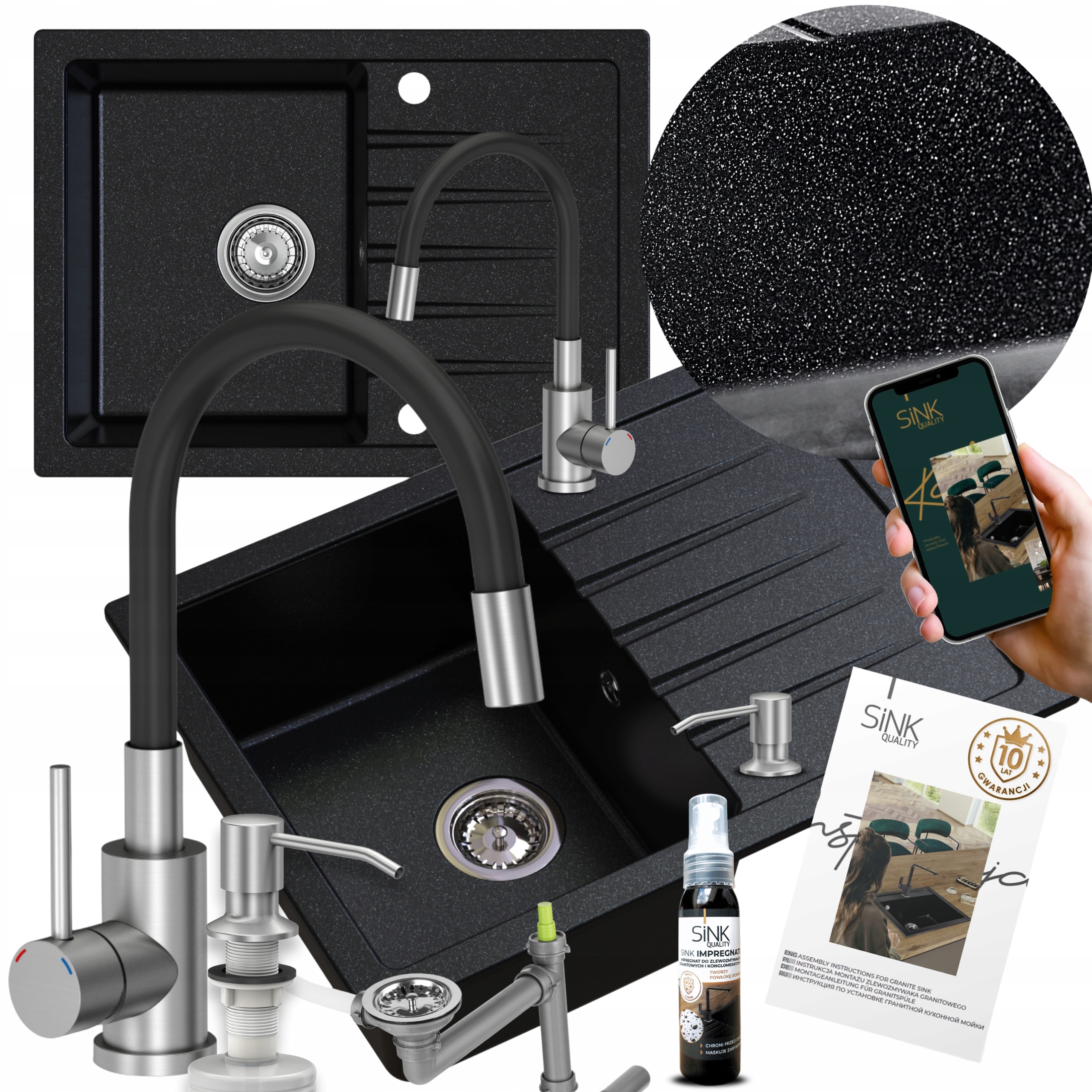 Set Granitový Dřez Černý Metalik s Kuchyňskou Baterií Dávkovač 9v1