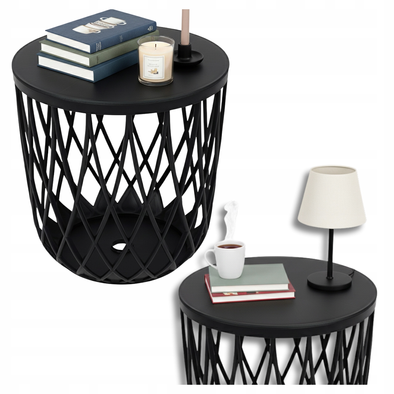 Kávový stolek koš černý plastový do obývacího pokoje na balkon, terasu kulatý