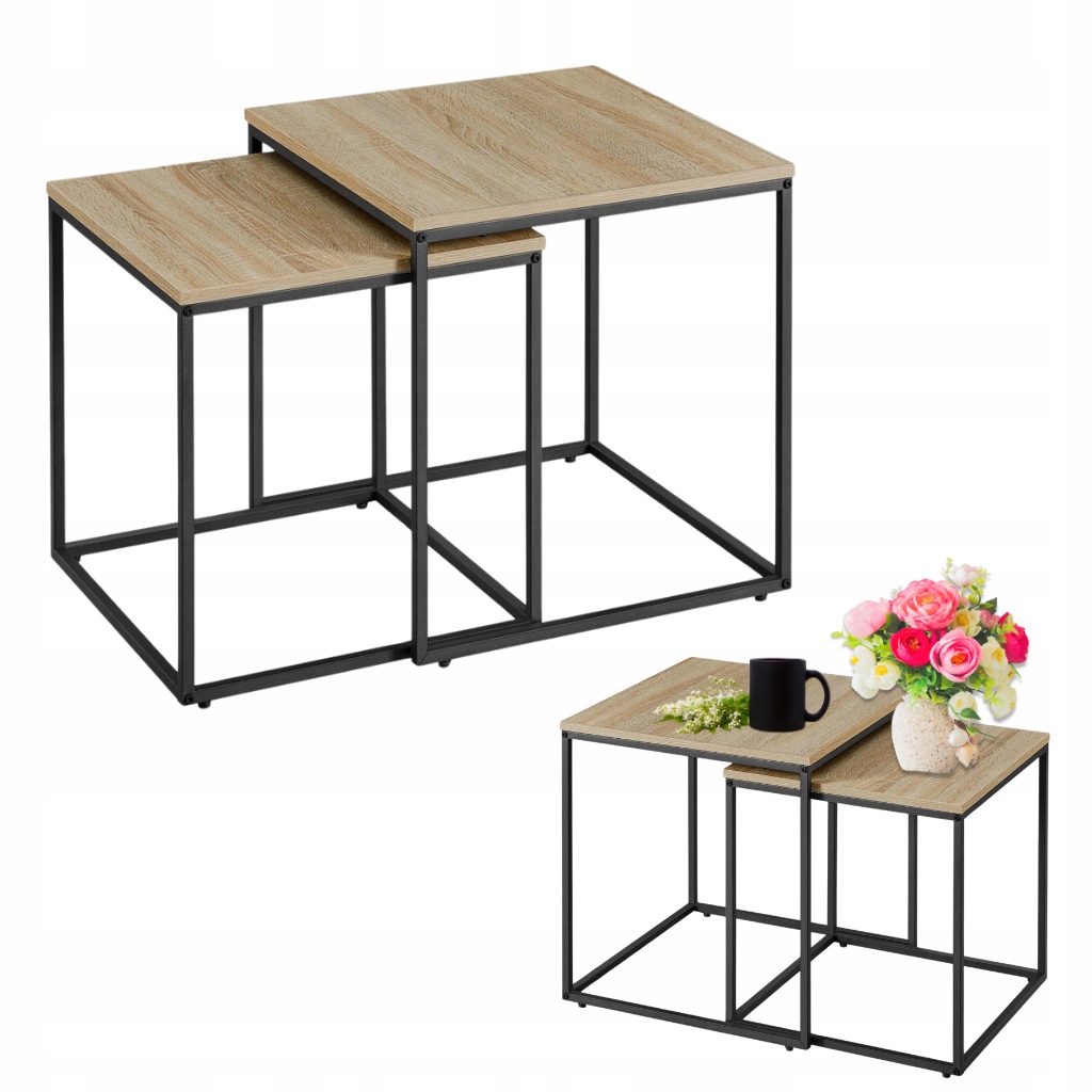 Kávový stolek do obývacího pokoje Sada 2v1 Čtverec Lavice Dub Sonoma Černá 50 cm Loft