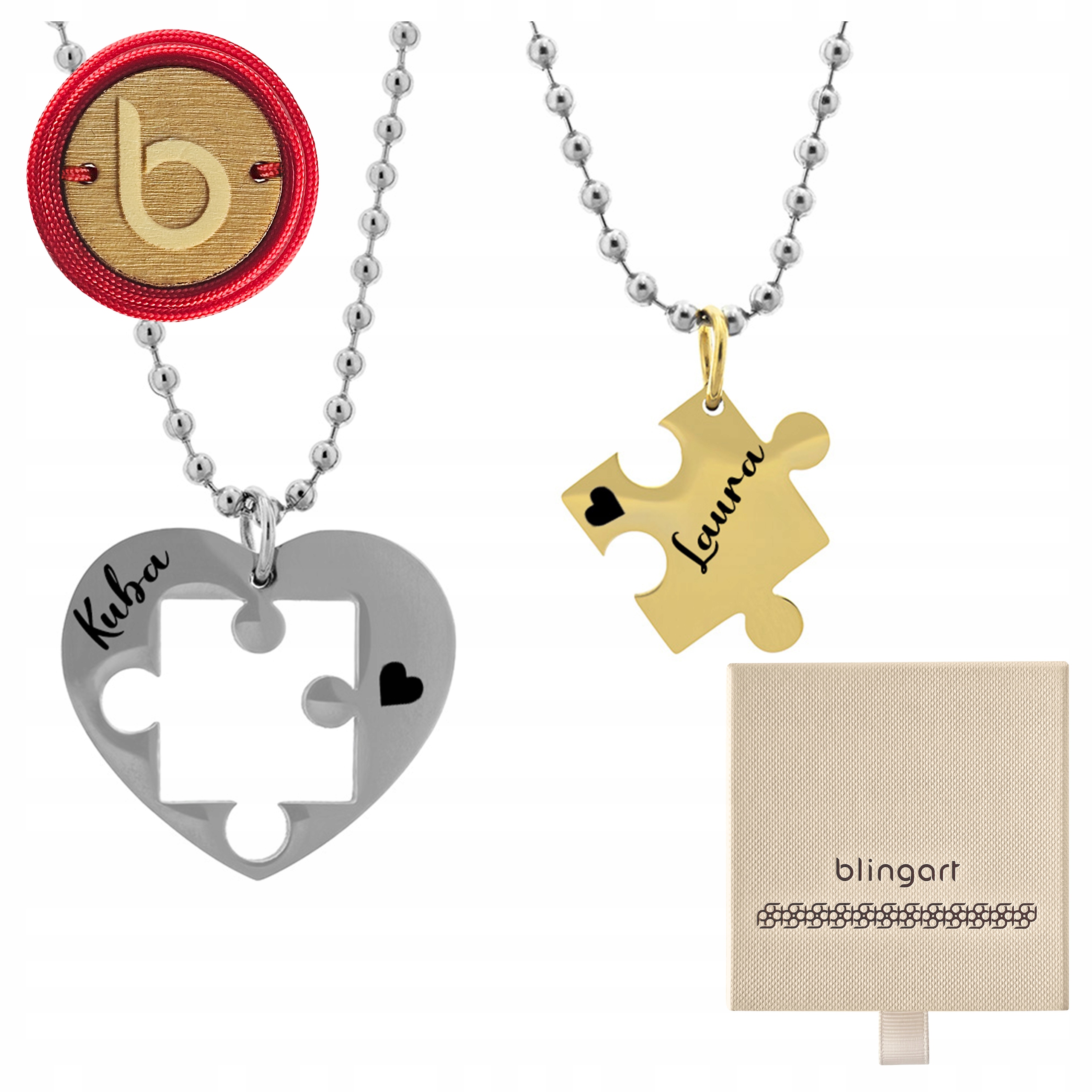 Náhrdelníky pro páry s gravírováním Srdce a Puzzel ocel Blingart