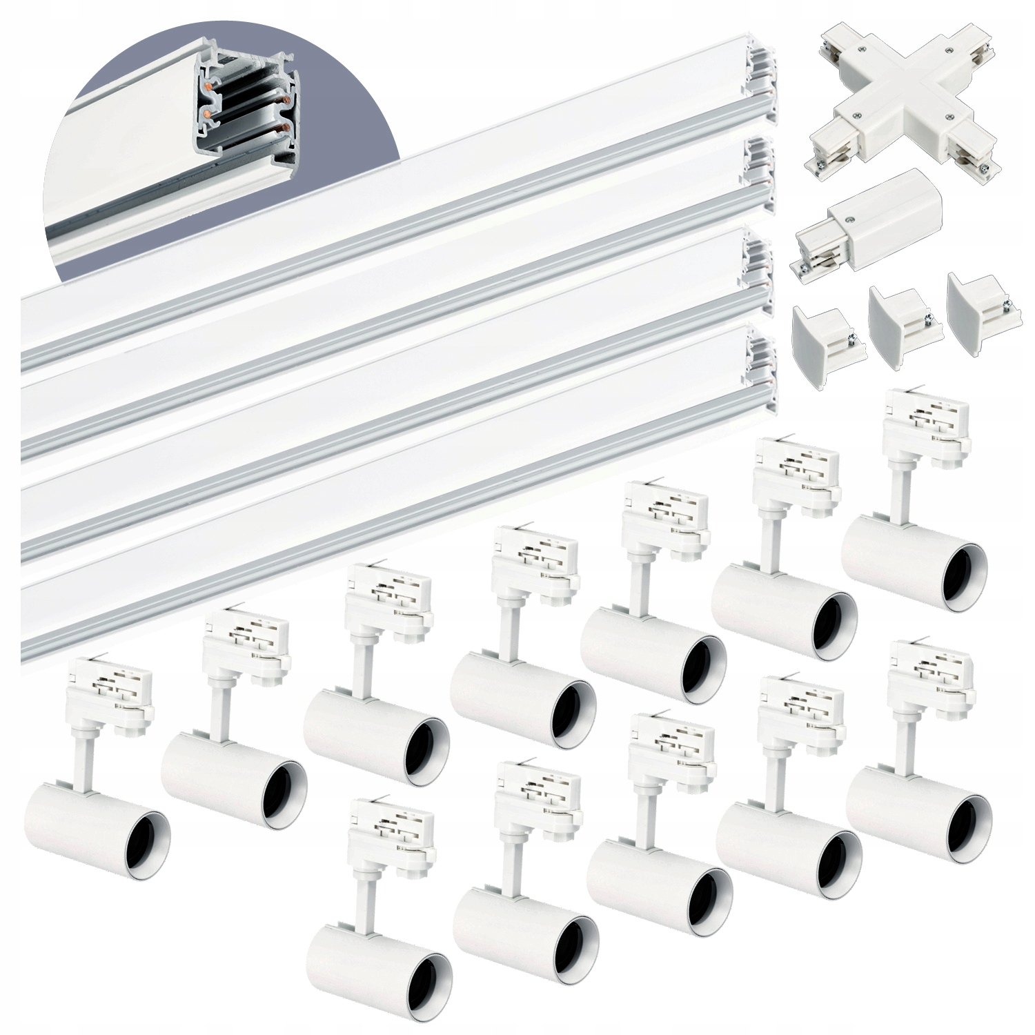 3-fázová kolejnicová sada 1m+1m+1m+1m, 12x lampa, spojka X Bílá