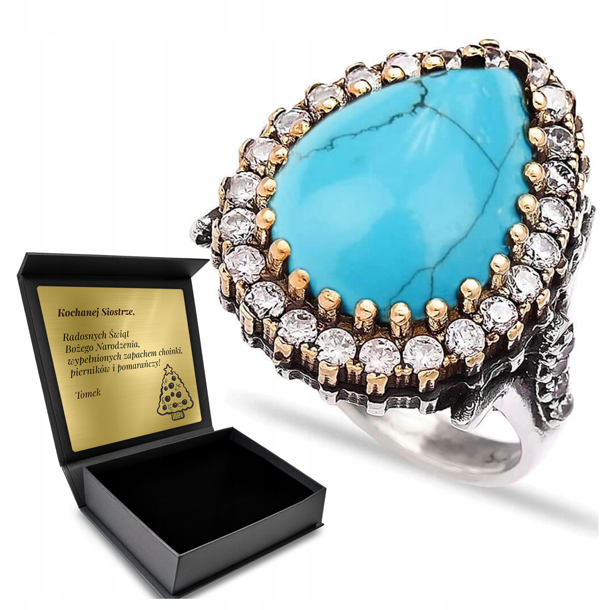 Prstýnek 925 Se Zirkony A Tyrkysem Valentýna Gravírování Bonus