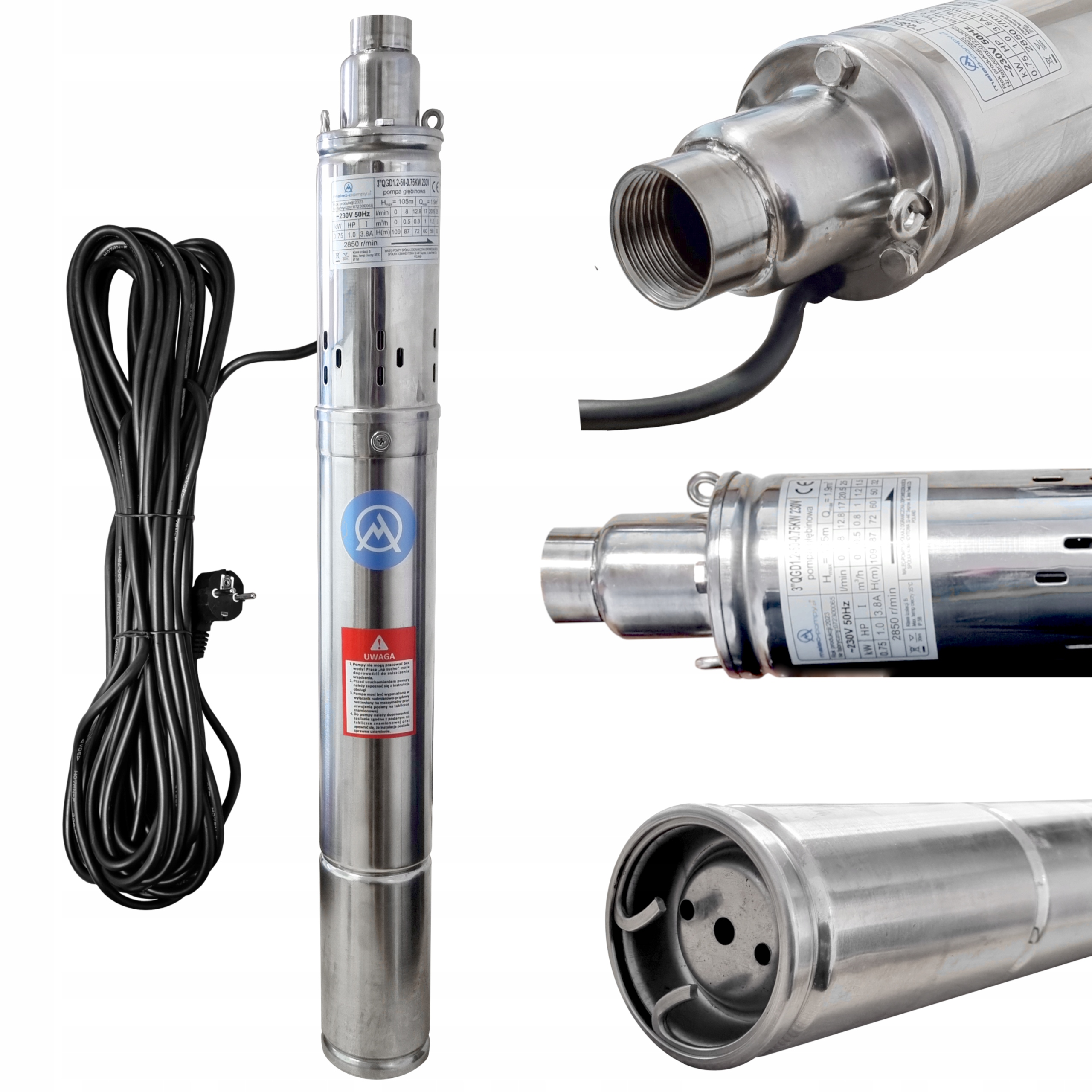Malec 3QGD 1-25-0,37 Pompa Głębinowa Śrubowa Do Wody Czystej Wydajna 75mm