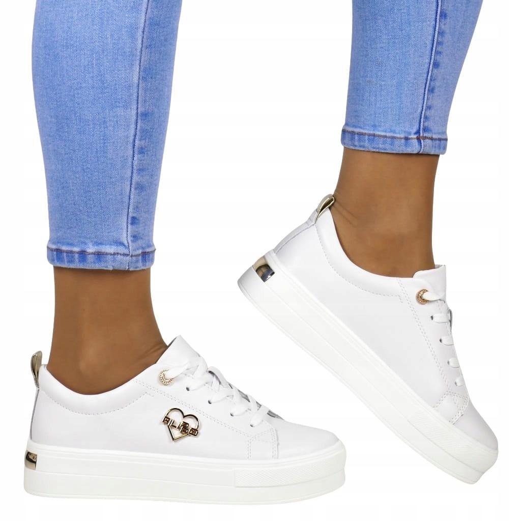 Dámské Tenisky Z Kůže Na Silné Podrážce, Bílé, Zlaté Srdce