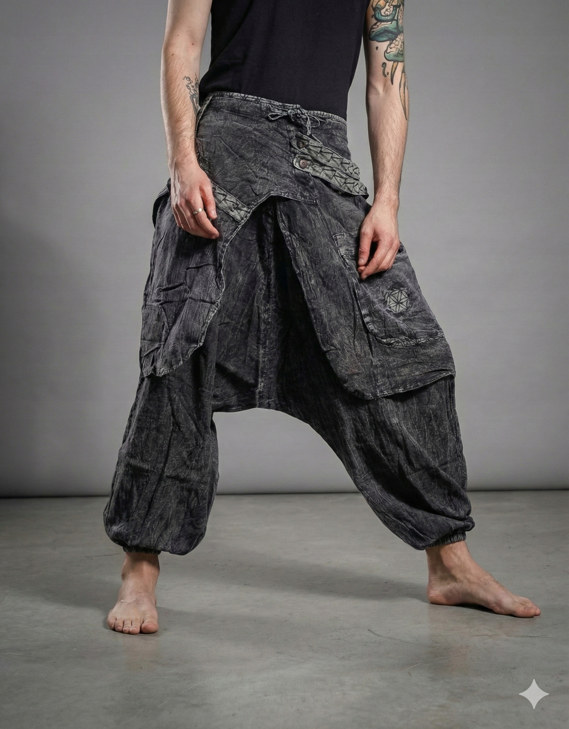 Vrstvené šavary s ninja panty aladinky, vintage, šedé kalhoty