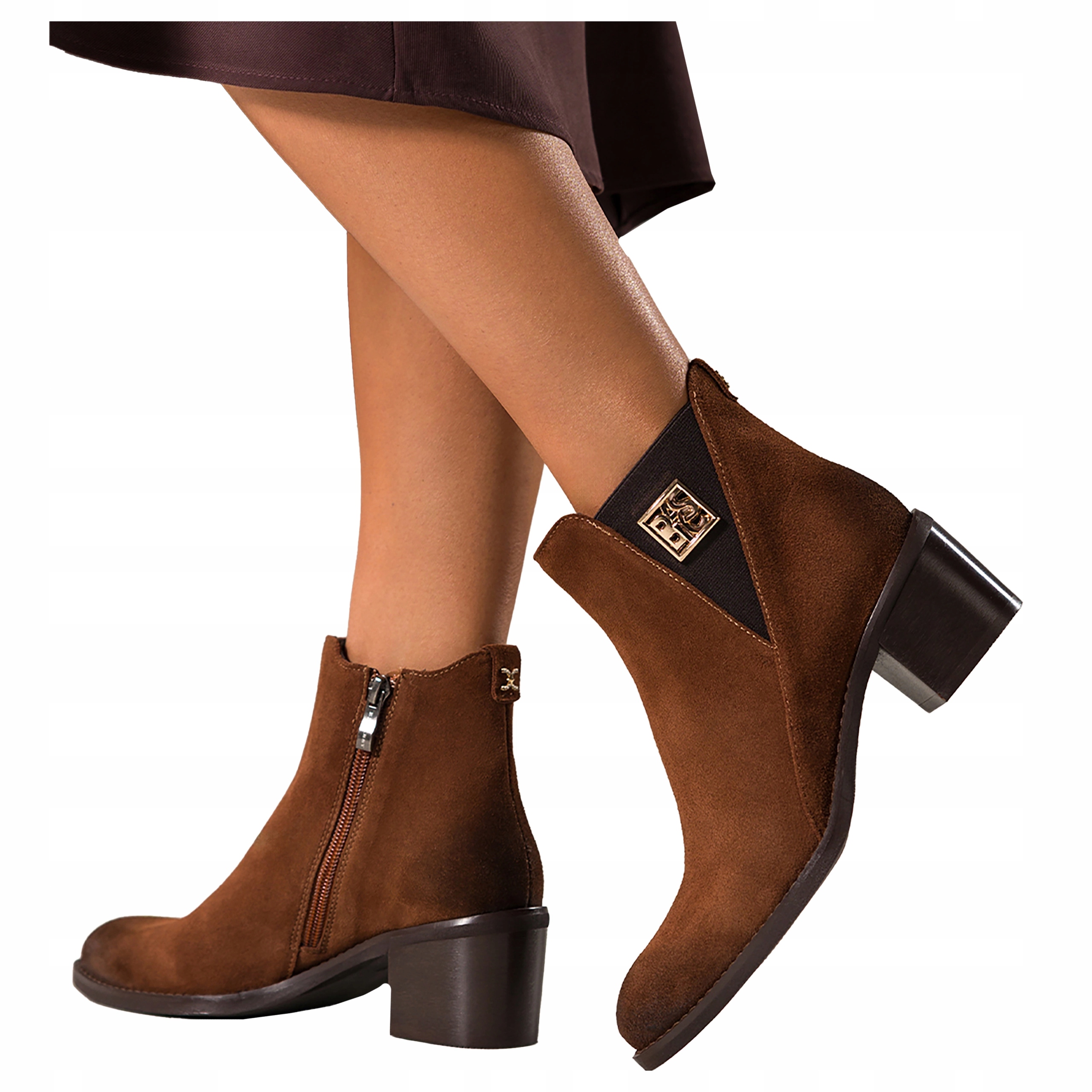 Kotníkové Boty Kaštanové Kožené Dámské Pohodlné Široký Podpatek Zlatá Ozdoba vel. 38