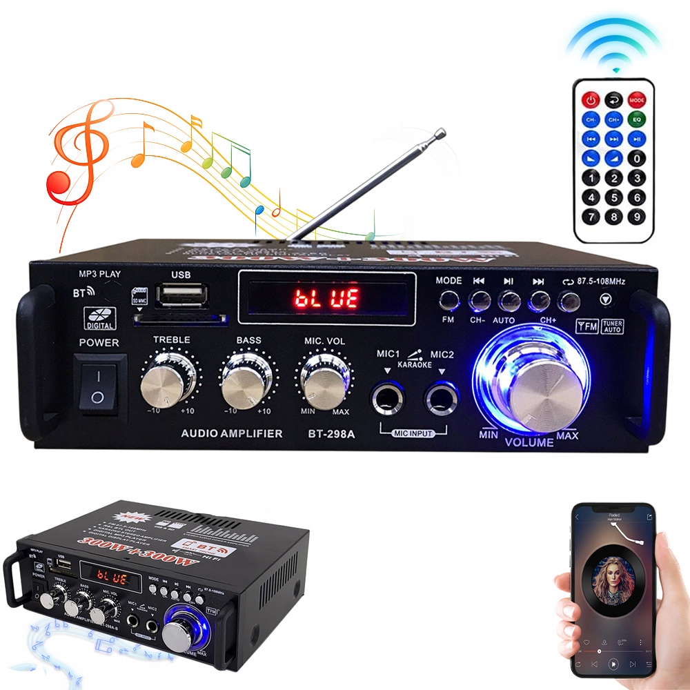 Stereo Zesilovač BT-298A 300WX2 Bluetooth 50 Sd Usb Fm Rádio Černý