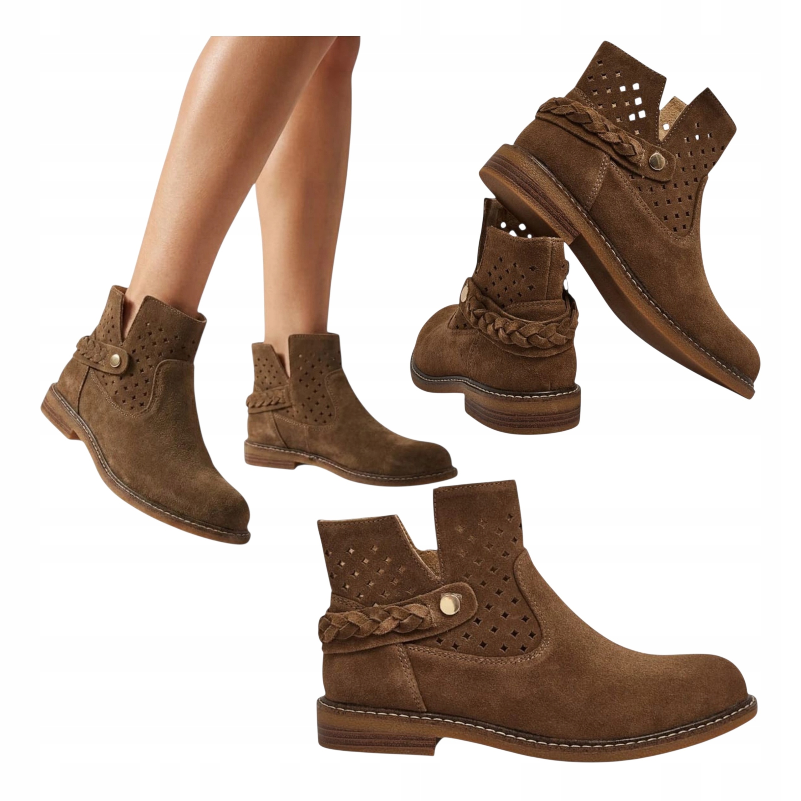 Dámské Kotníkové Boty Ažurové na plochém podpatku Kožené Semišové Hnědé Letní 39