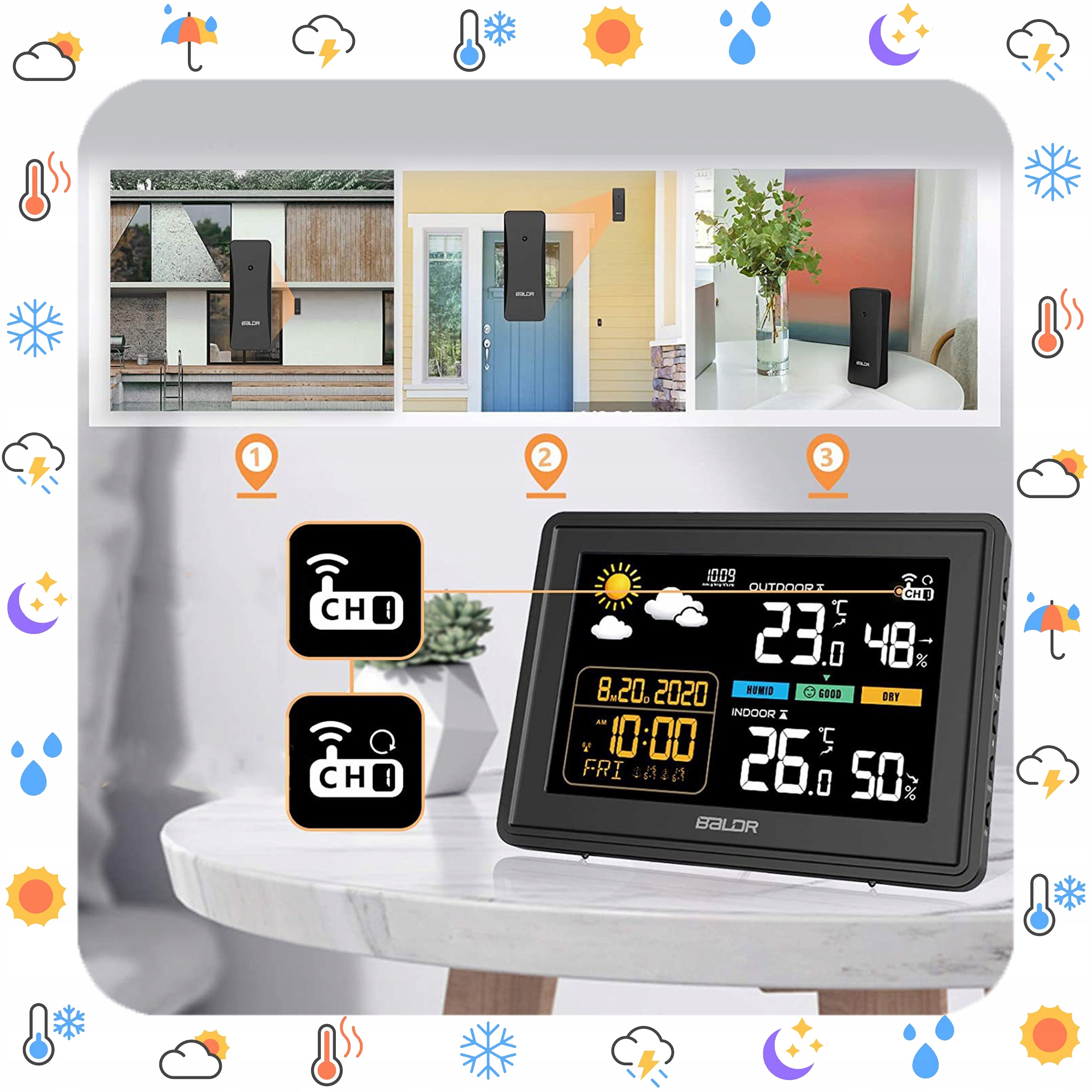 BEZPRZEWODOWA STACJA POGODOWA HIGROMETR TERMOMETR ZEWNĘTRZNY CZUJNIK POGODY Kod producenta 07136