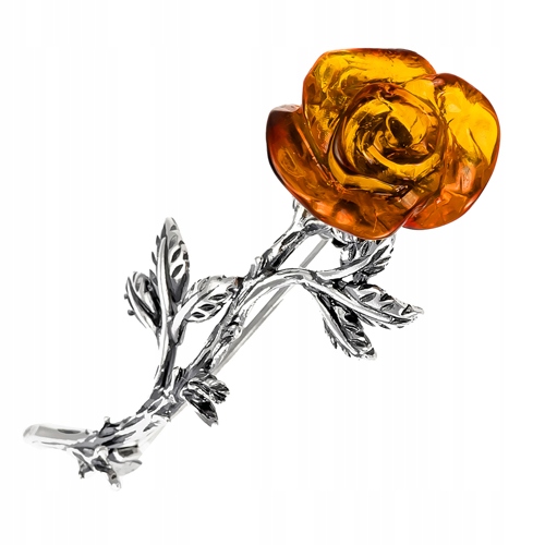 Stříbrná Brož růže Růžička s vyřezávaným Jantarem ze stříbra 925 Jako Dárek