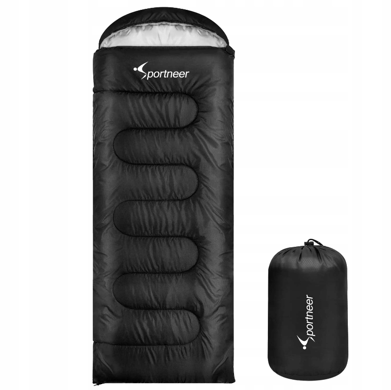 Sportneer śpiwór kempingowy mumia, 3 pory roku, 221 x 152 cm, lekki, czarny