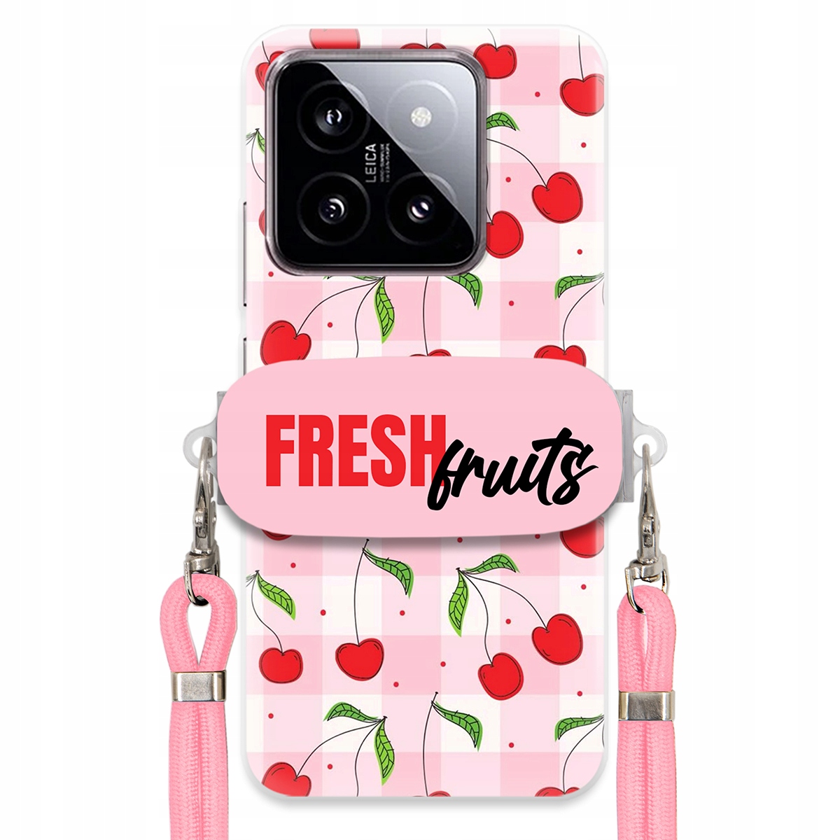 Puzdro pre Xiaomi 14 Case Držiak na šnúrku Ružový Fresh Fruits Mriežka Ovocie