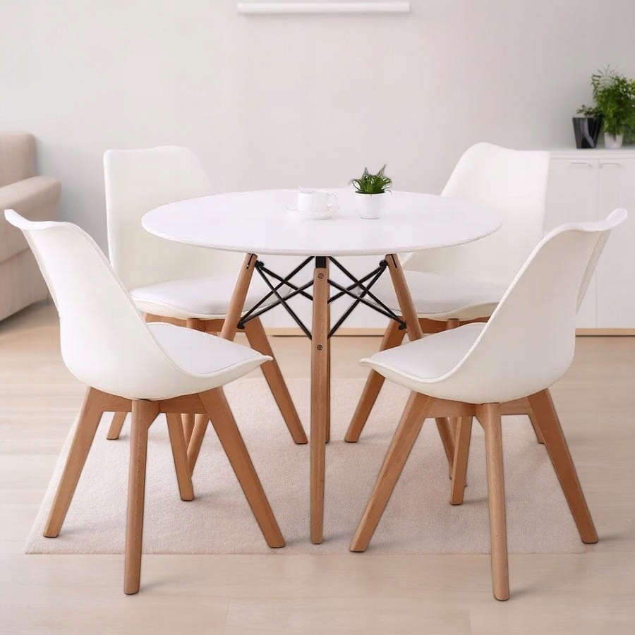 Zestaw Stół Kuchenny Okrągły 80cm Skandynawski + 4 krzesła Białe z Poduchą Szerokość siedziska 49 cm