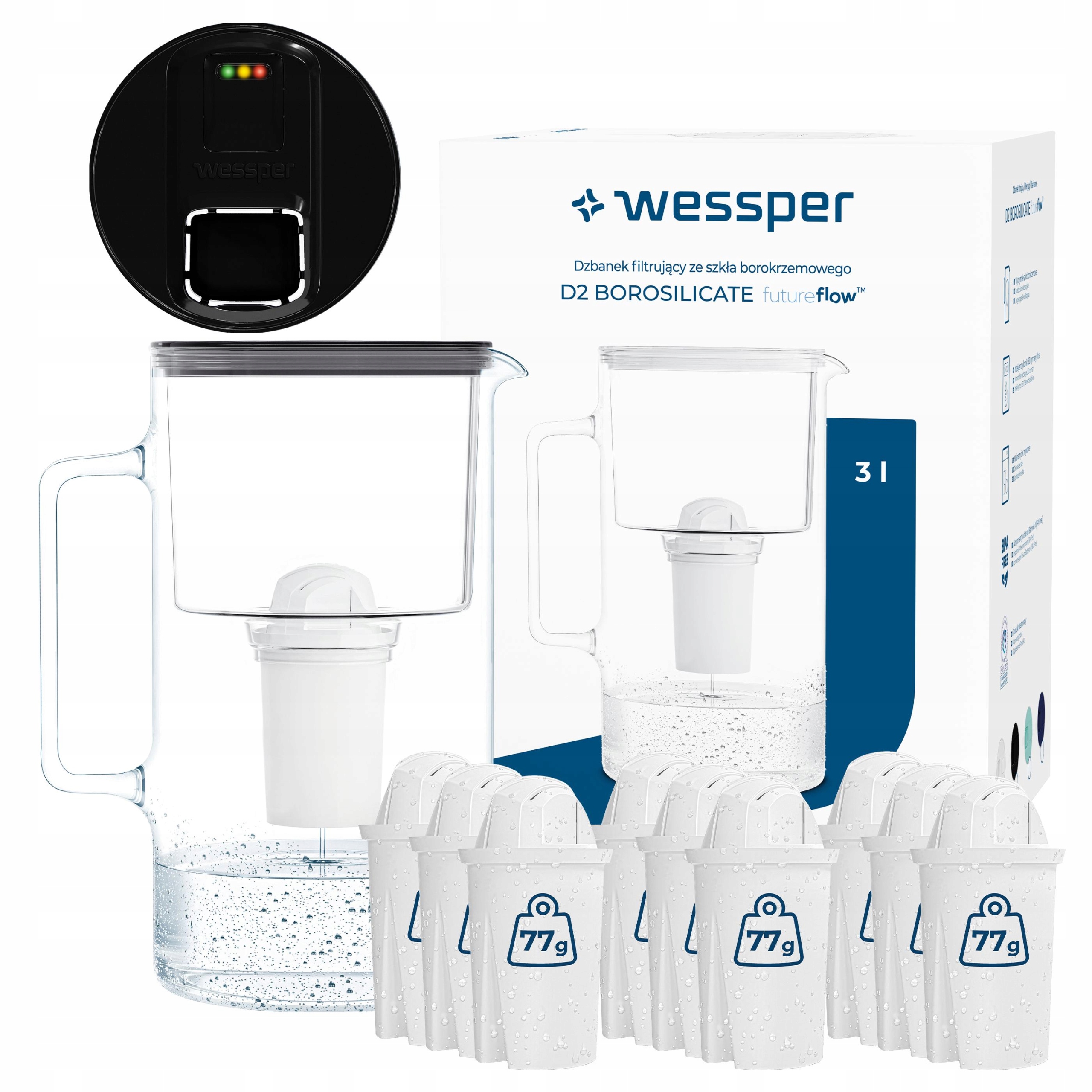 Wessper D2 Borosilicate dzbanek filtrujący szklany 3l Led 10x filtr