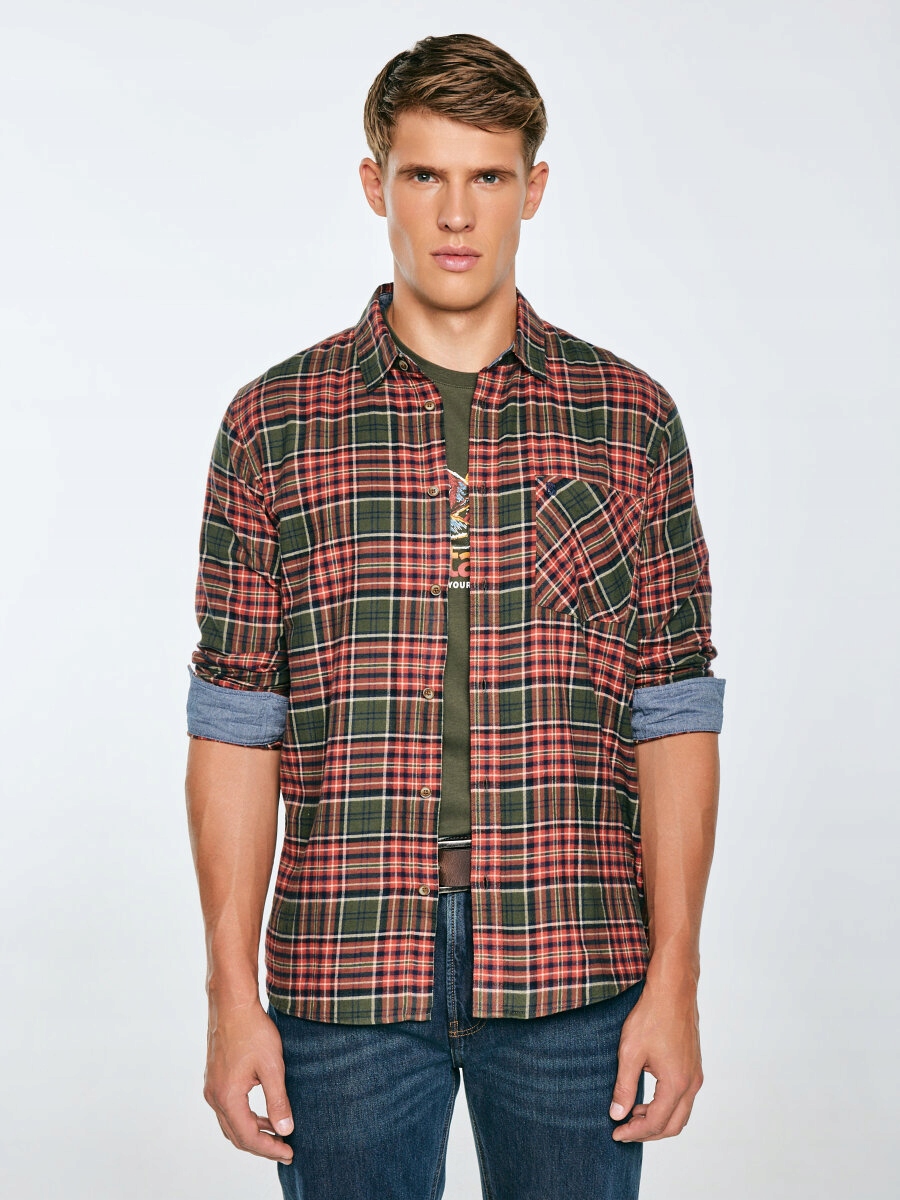 Big Star Pánská kostkovaná flanelová košile bordovo-khaki Koner 303 4XL