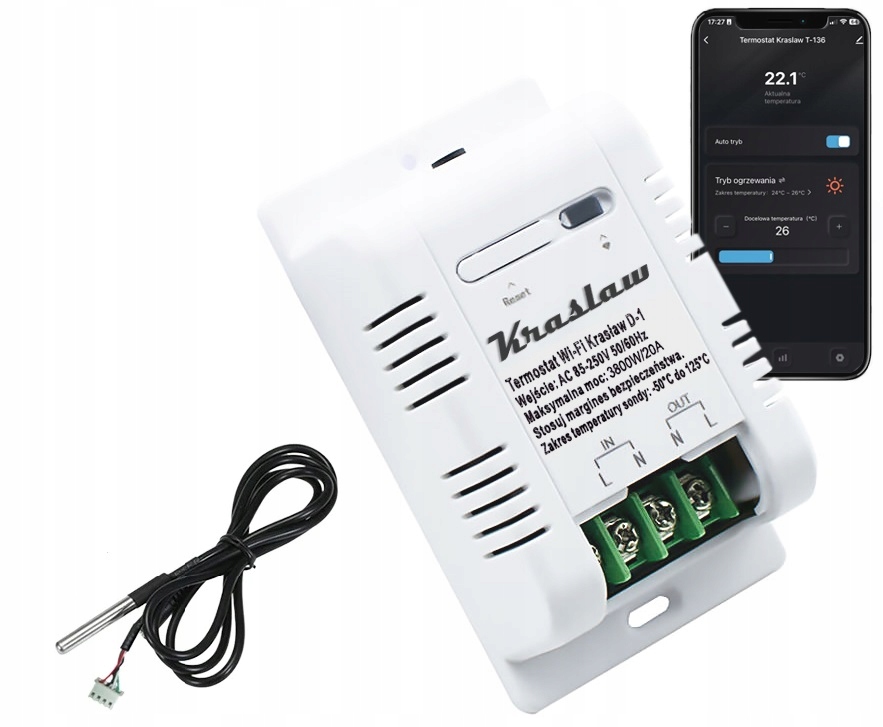 Czujnik Temperatury WiFi Tuya Termostat Elektroniczny 20A Pomiar Energii