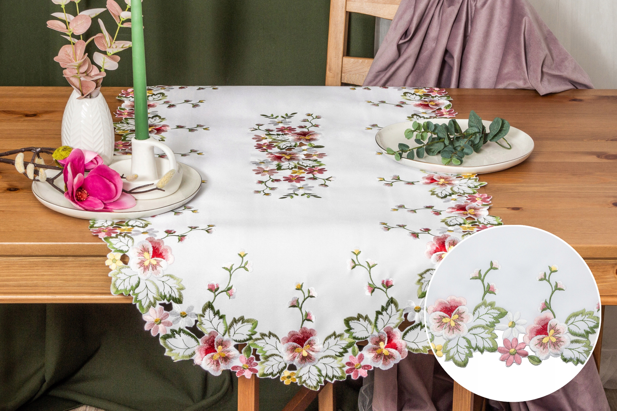 Bieżnik na stół BIAŁY HAFTOWANY 60x120 owalny OWAL RÓŻOWE bratki kwiaty Kod producenta 18020