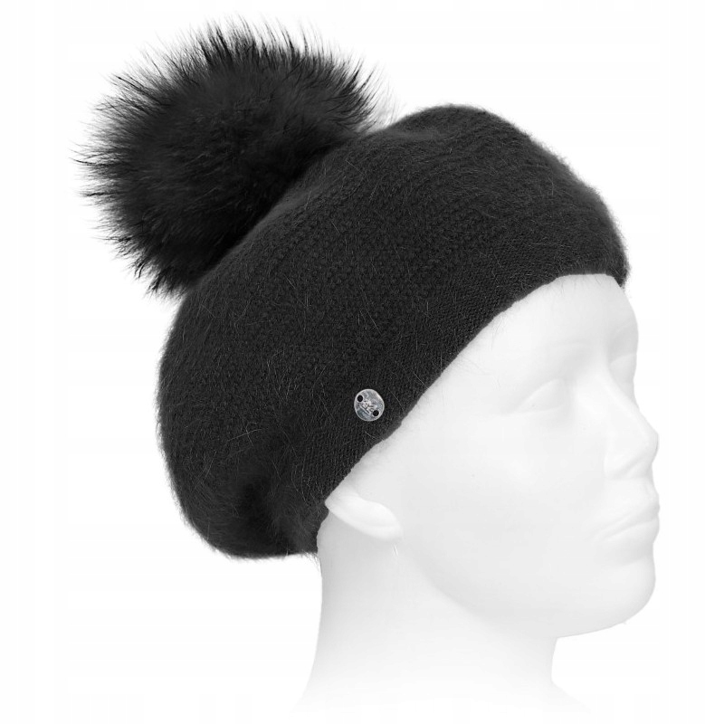 Beret Čepice dámská s přírodním bambulem Vlněná s Angorou Černá Jenot Pl