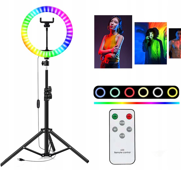 LAMPA LED PIERŚCIENIOWA KOLOROWA STATYW 210 CM Kolor czarny