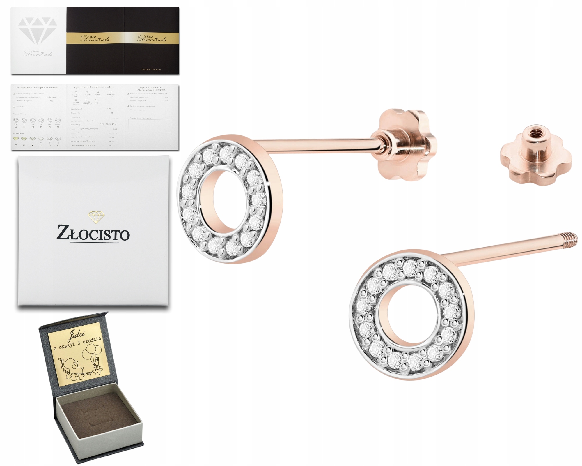 Růžové Zlato Náušnice Briliantové Kroužky Zlato 585 Dárek Gravírování Šroubovák