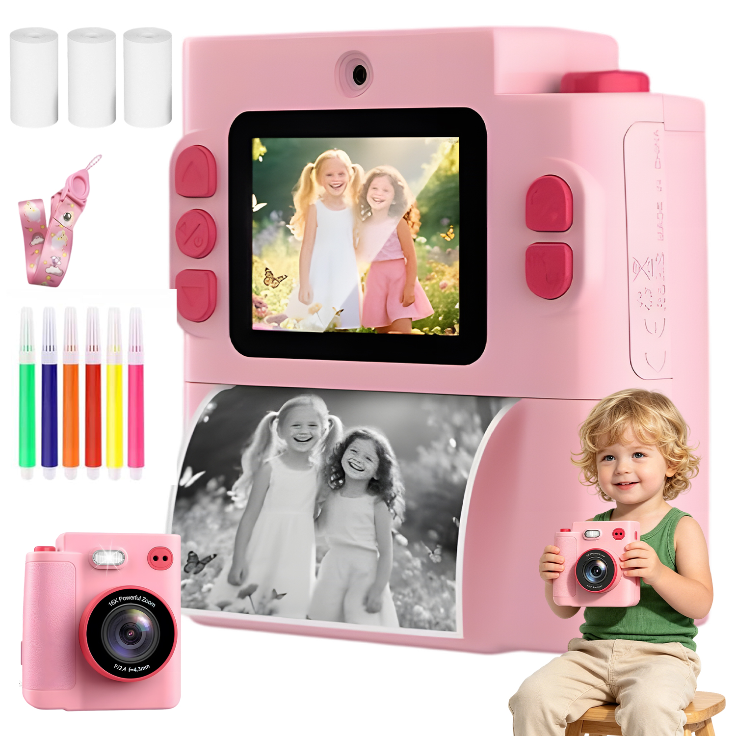 Instantní Fotoaparát Pro Děti Tisk Fotografií Zoom 1080P MP3 Led Růžový