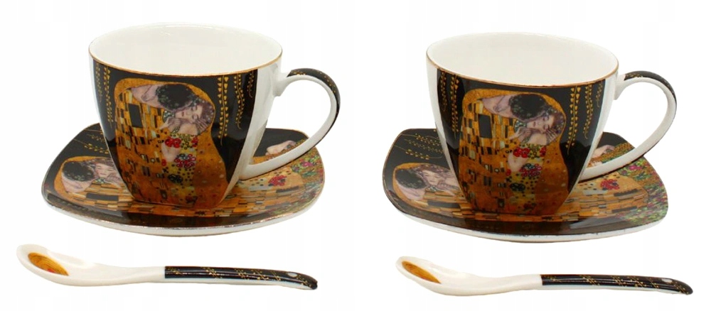 Home Elements Sada dvou šálků 250 ml s podšálky a lžičkami, Klimt, Polibek