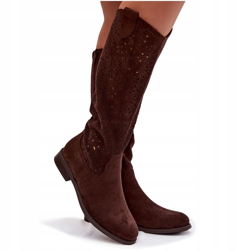 Dámské Ažurové Kozačky S Plochým Podpatkem A Zipem S.barski HY61-8023 Čokoládové 37