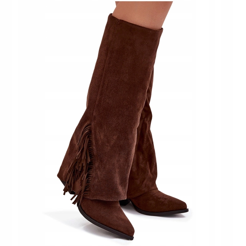 Kozačky Kovbojské Boty Dámské Eko Semiš Třásně Nazouvací Sloupek Hnědé 39