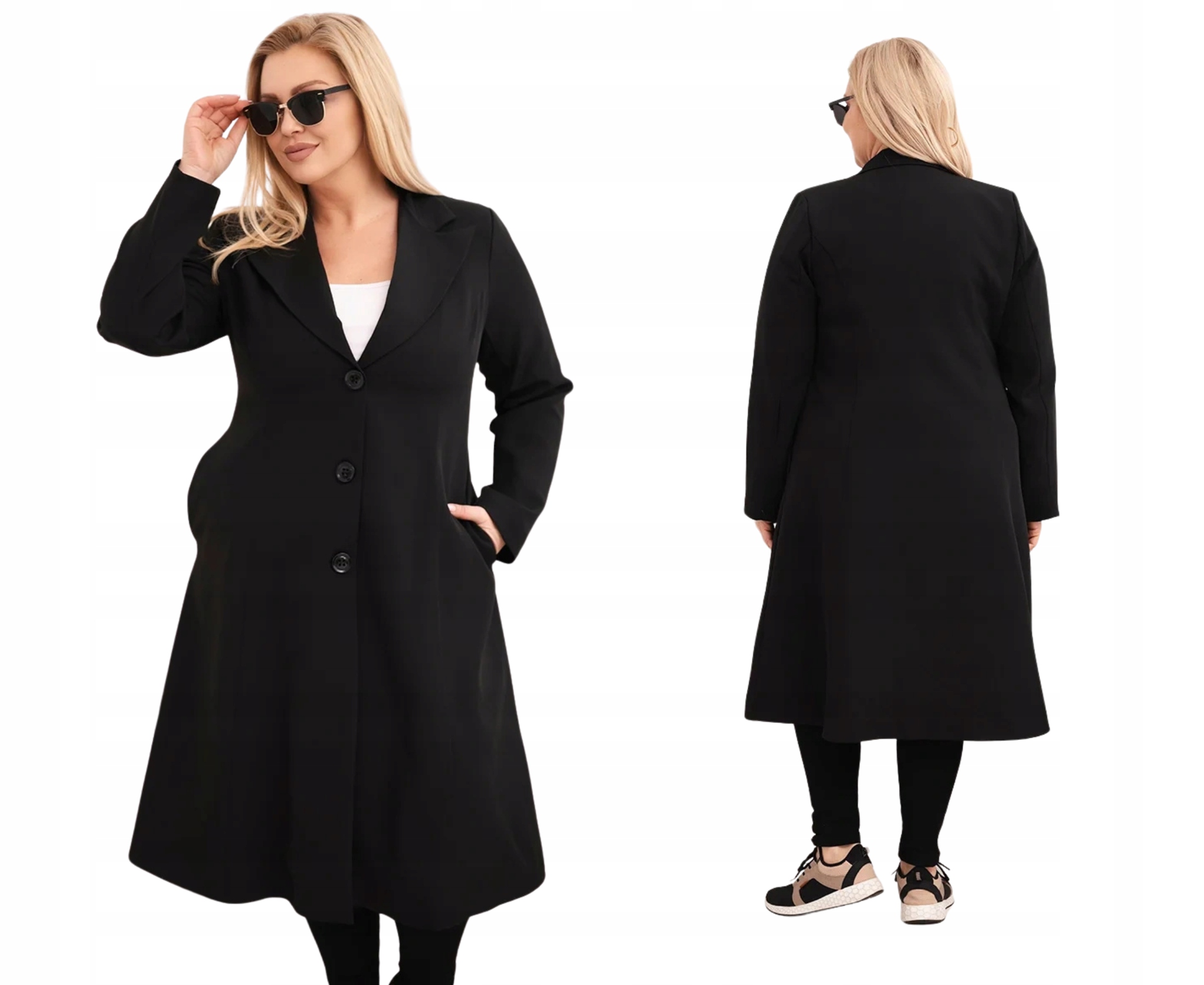 Černý dámský kabát s elegantním rozevřením a límcem Plus Size