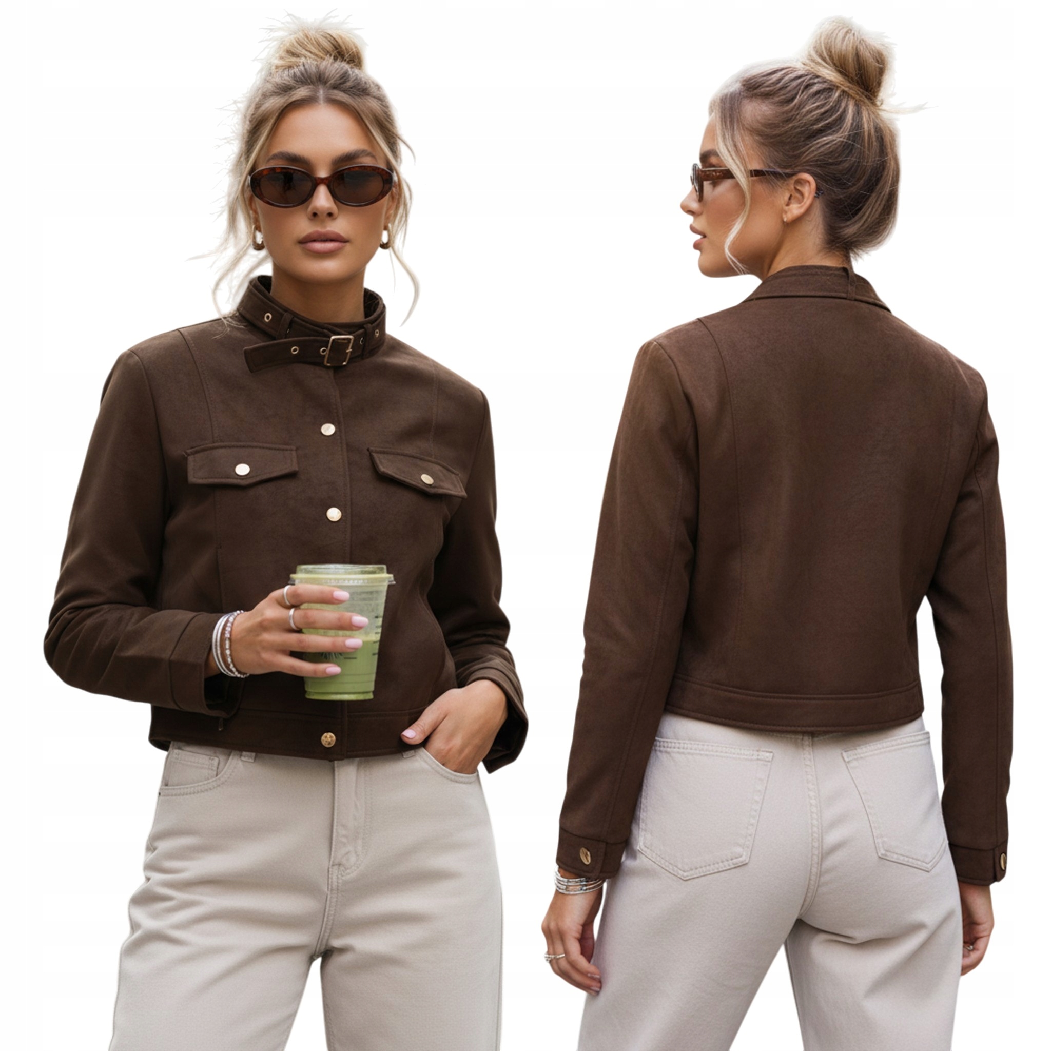 Kurtka damska skórzana krótka na napy brązowa TY5667 S