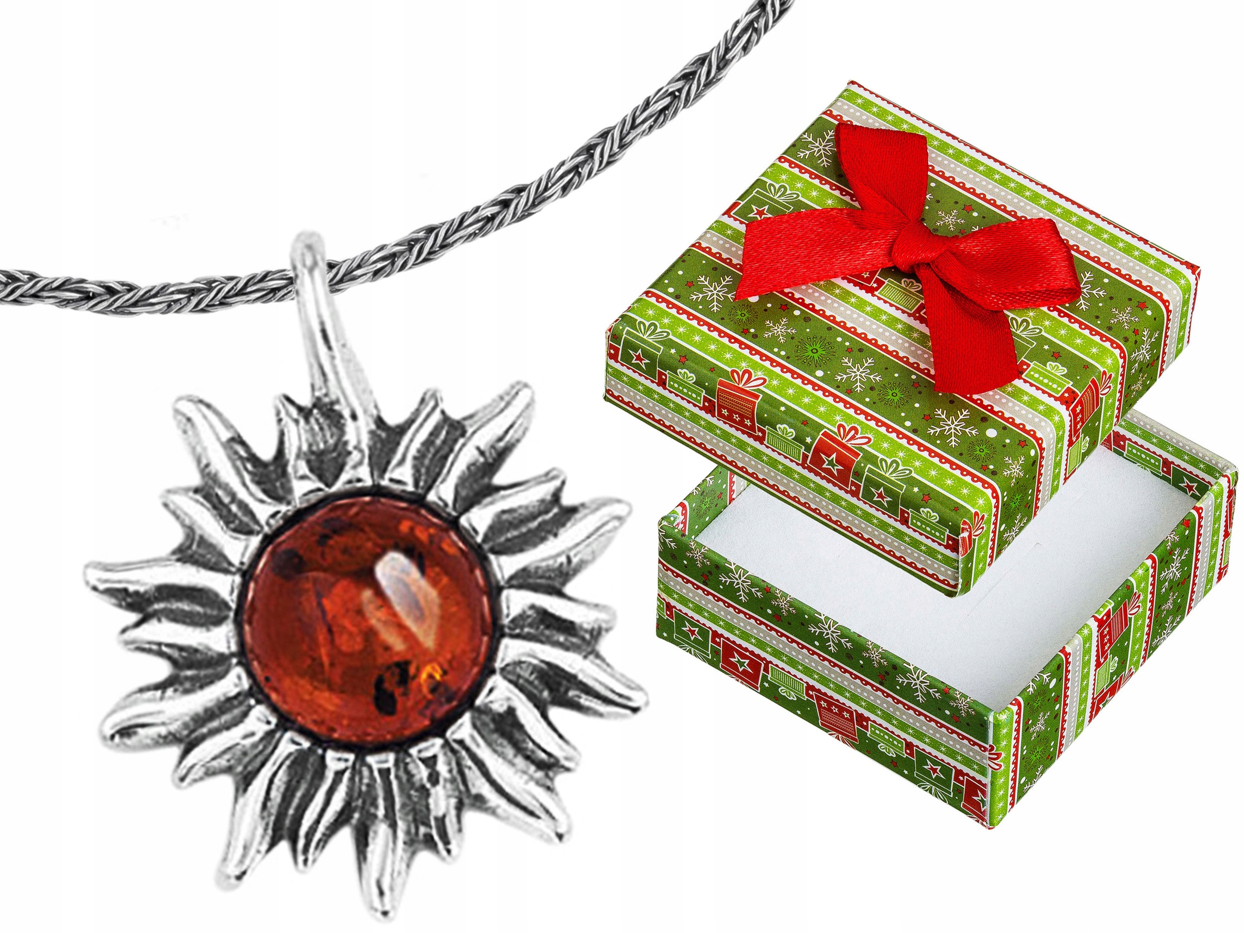 Krátký Stříbrný Oxidovaný Náhrdelník Amulet Slunce s Jantarem Choker 30 cm