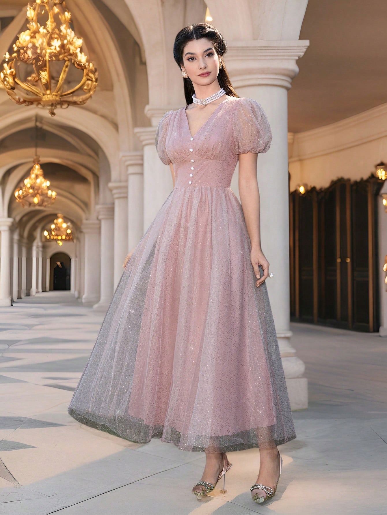 Šaty Večerní Tylové Třpytivé Maxi Dusty Pink Shein M 38